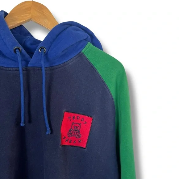 Teddy Fresh Hoodie Mens Large Colorblock Pullover Navy Blue Green Red Pop Art